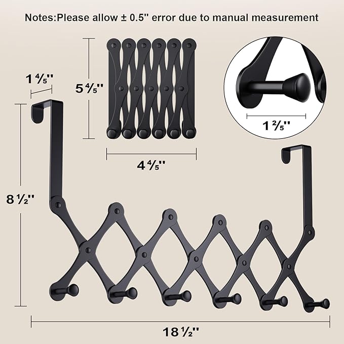 Expands Over The Door Hook Rack, Heavy Duty No Drill Hooks for Bathroom, Bedroom, Kitchen, Closet - Over The Door Hanger for Towels, Robes, Bags, Coats(Black)