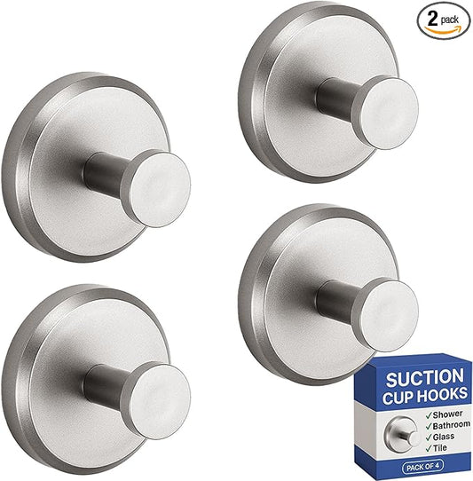 HOME SO Suction Cup Hooks for Shower & Bathroom Towel Holder 4-Pack – Suction Cups Hooks for Hanging Towels, Robes, & Coats - Tiles, Glass Door or Mirror – Shower Hooks & Towel Hooks Organizer -Nickel