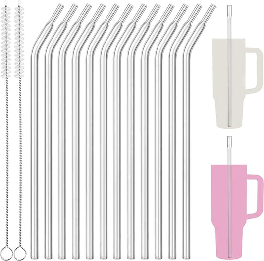 NiHome 12PCS Clear Anti-Wrinkle Plastic Reusable Drinking Straws Fit for Stanley 30oz 40 oz Tumbler, 12" Flat-Tip No Wrinkle Straws, Wrinkle Free Straw for Clod Beverages with 2 Brushes (12 Bent)