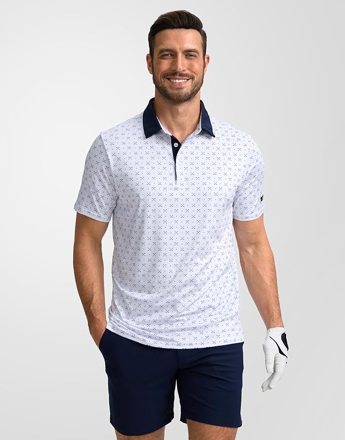 Obla Mens Golf Polo Shirts Short Sleeve Dry Fit Performance Moisture Wicking Casual Print Collared Golf Shirts for Men