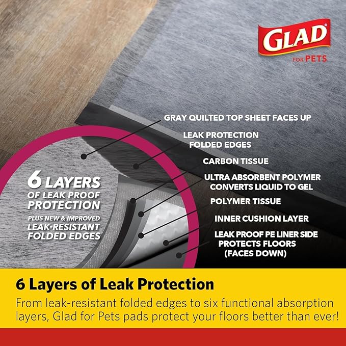 Glad for Pets Activated Carbon Puppy Training Pads with Chew Deterrent and Attractant, Odor Control, 23 x 23 Inch Disposable Dog Pee Pads, 6-Layer Leak-Resistant Potty Pads, 50 Count - 2 Pack