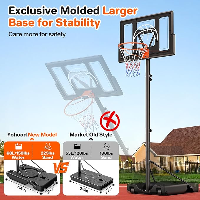 Basketball Hoop Outdoor 10ft Adjustable, Portable Basketball Hoop Goal System for Kids Youth and Adults in Backyard/Driveway/Indoor, 44 Inch Shatterproof Backboard and Larger Base