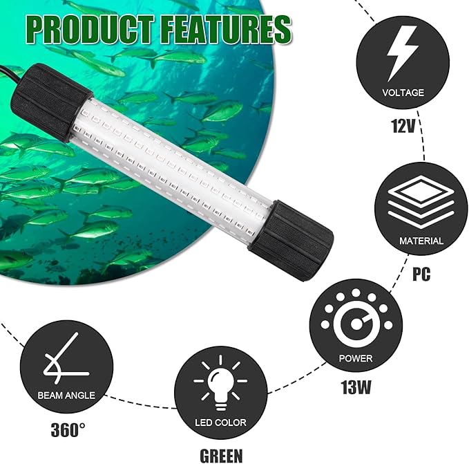 ReeMoo 12V 126 LEDs 13W Fishing Light Underwater Night Fishing Lure Finder Light Green Submersible Fishing Lights with 5M Power Cord for Pool Boat Sea Ice Fishing Attractants More Fish