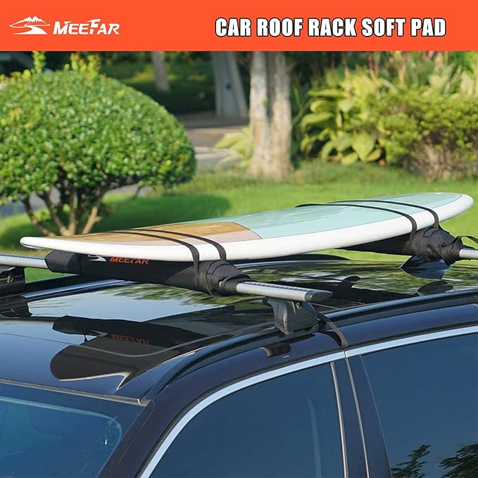 MeeFar Universal Car Soft Roof Rack Pads Luggage Carrier Rack for Kayak Surfboard SUP Canoe Include 2 Heavy Duty Tie Down Straps, 2 Tie Down Rope, 2 Quick Loop Strap