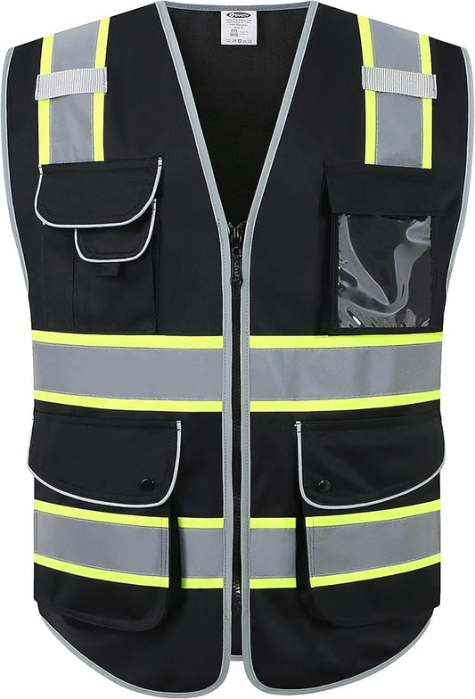 JKSafety 9 Pockets Hi-Vis Black Color Zipper Front Safety Vest Fluorescent Yellow Strips outlining the Reflective Tapes ANSI/ISEA Class 1 (901-Black, 4X-Large)