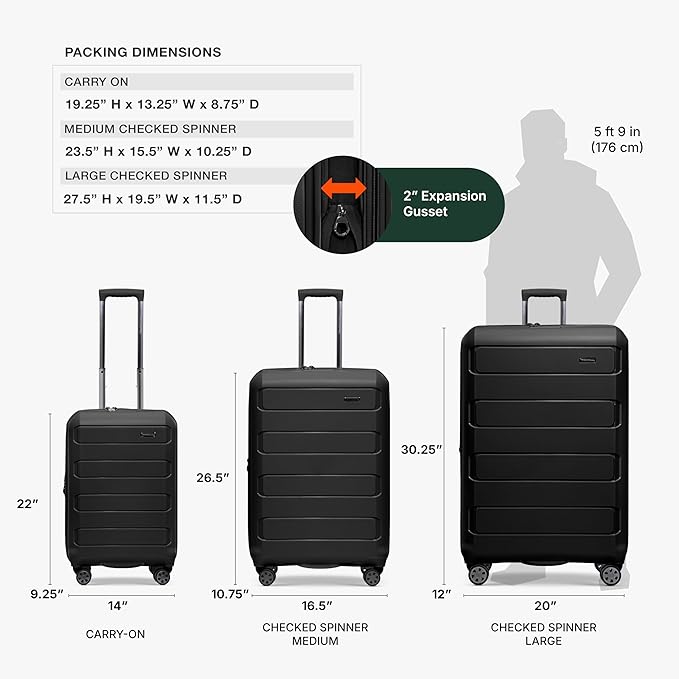 Traveler's Choice パゴサ ハードシェル 拡張可能荷物 スピナーホイール付き, ブラック, 22インチ機内持ち込み