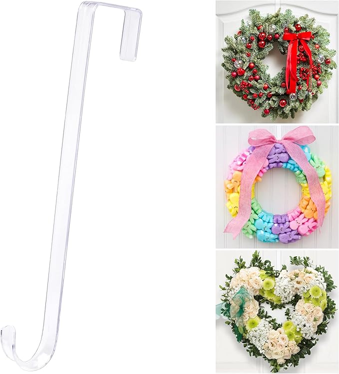 15" Clear Wreath Hangers - Non Scratch Over The Door Hooks, 1 Pack Wreath-Door Hanger for Easter, Halloween, Christmas Decoration