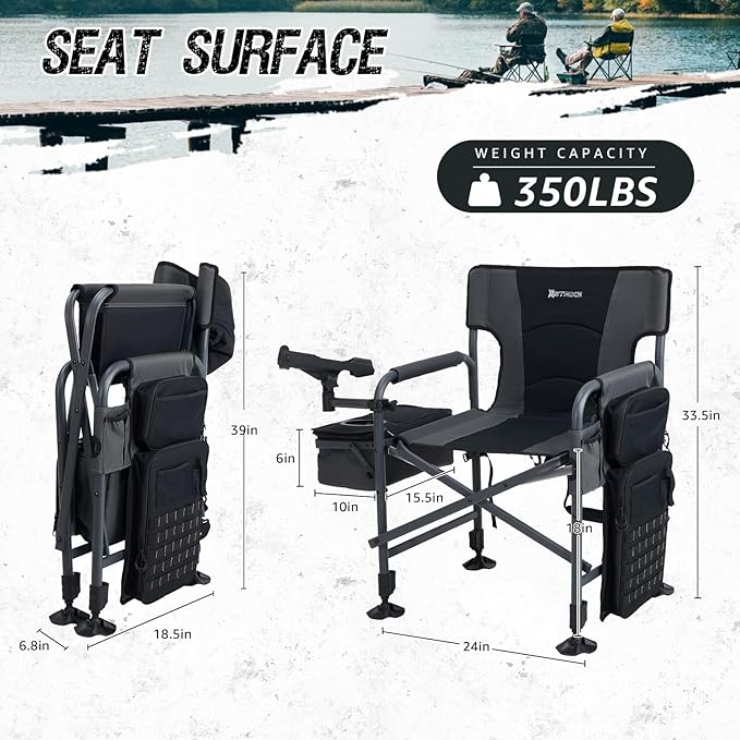 X Strike Fishing Chairs with Rod Holder, Folding Ice Fishing Chair for Adults Outdoor Camping Chair Leg Adjustable with Cooler Bag and Storage Bag for Camp, Lawn, Patio, Garden (Black)