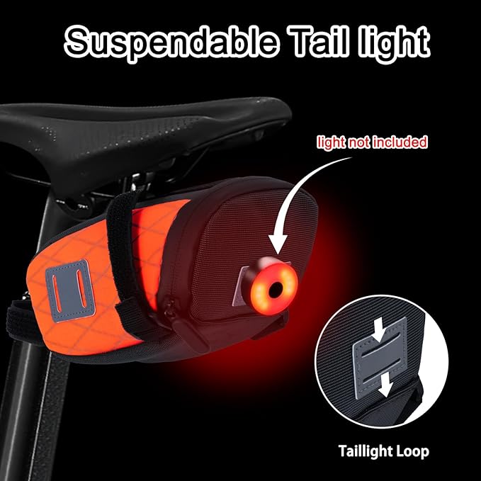 ENLEE Bike Seat Bag, Reflective Bike Saddle Bag with Taillight Hangers, Waterproof Orange Bicycle Bag Under Seat with Independent Item Partitions for Mountain/Road/Gravel Bikes, Small Size