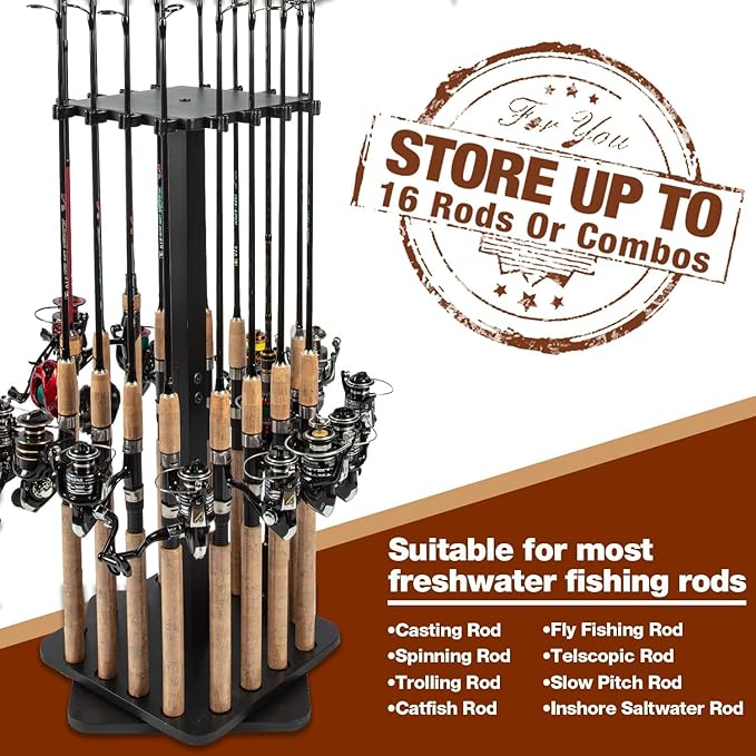 Ghosthorn Fishing Rod Holders for Garage 360 Degree Rotating Fishing Pole Rack, Floor Stand Holds up to 16 Rods Wood Fishing Gear Equipment Storage Organizer, Fishing Gifts for Men Women