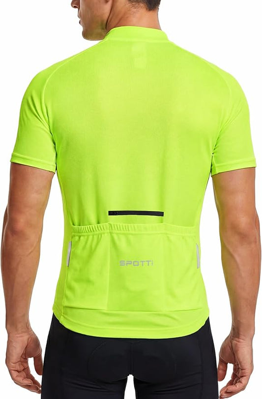Spotti Men's Cycling Bike Jersey Short Sleeve with 3 Rear Pockets- Moisture Wicking, Breathable, Quick Dry Biking Shirt