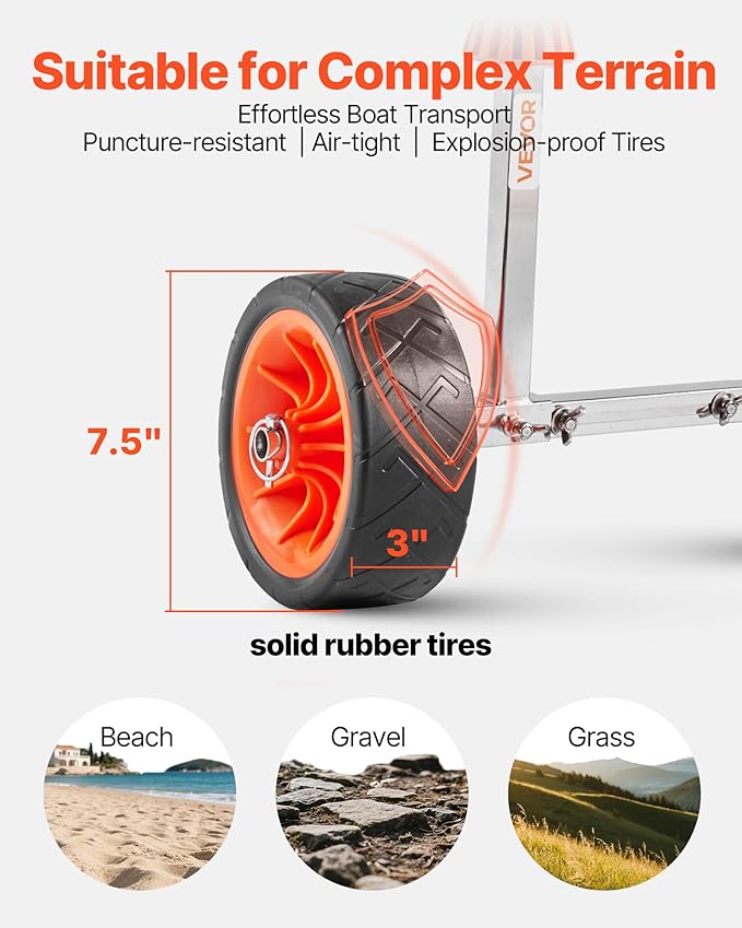 VEVOR Kayak Cart, 230/250lbs Canoe Cart Dolly with 7.5in/10in Solid Rubber Tires & Kickstand, Adjustable Width, Detachable Portable Watercraft Cart for Kayaks, Canoes, Paddle Boards