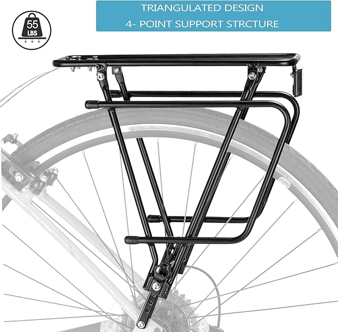 Rear Bike Rack,Bike Cargo Rack,Bicycle Pannier Rack with Reflector and Cargo Net,Height Adjustable Fit 26”-29” and 700c Bike with Non-disc Brake,BCR04