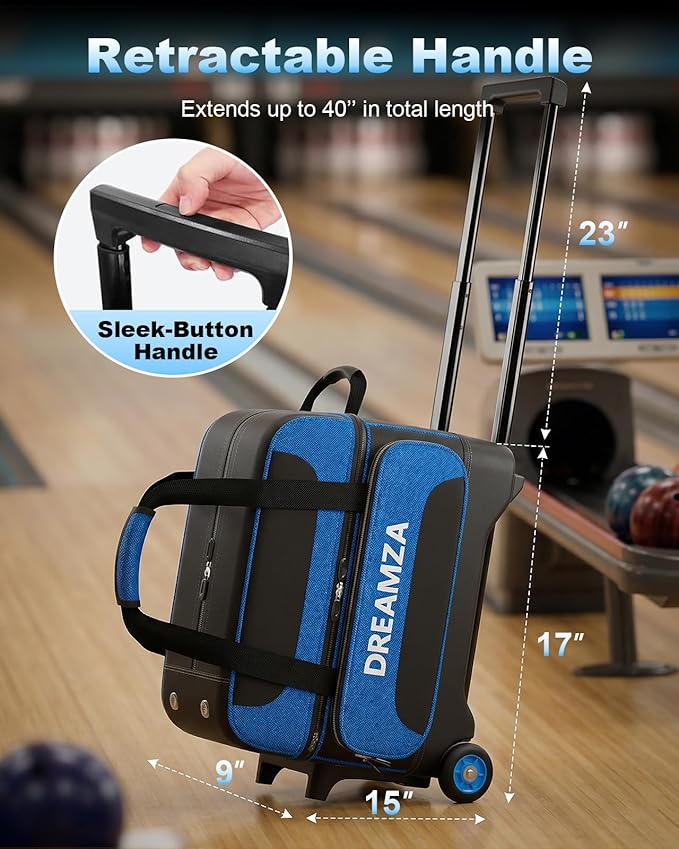 2 Ball Bowling Bag with Wheels, Double Bowling Ball Bag 2 Ball Roller w/Separate Compartment for Shoes Up to US Mens Size 16, w/Retractable Handle Extends to 40" & Accessories Pocket