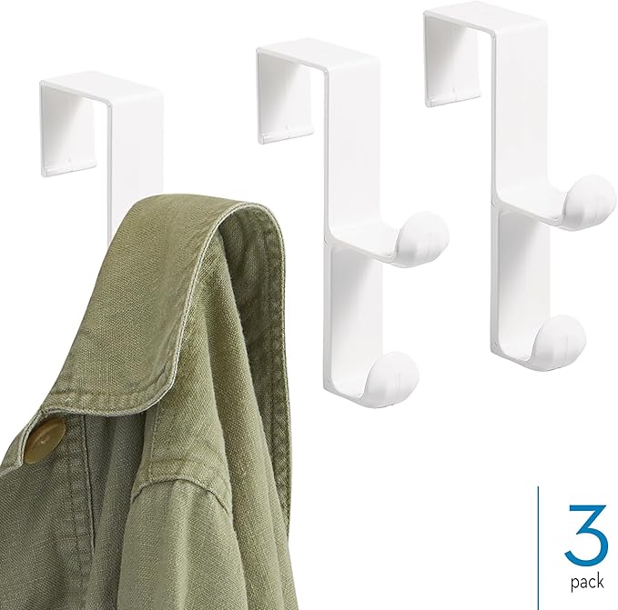iDesign Over the Door Plastic Dual Hook Hanger for Coats, Jackets, Hats, Robes, Towels, Ideal for Bathroom, Bedroom, Mudroom, Set of 3, White