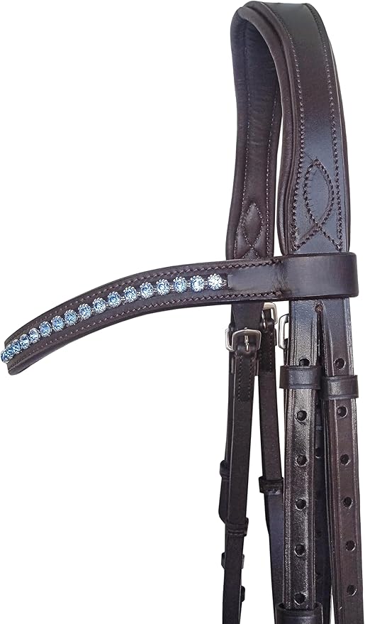 Equine Care Leather English Horse Bridle with Reins, Full Size, Choice of Browband Style, Padded Crown & Cavesson Noseband, Stainless Steel Hardware, Hunter Show Bridle.