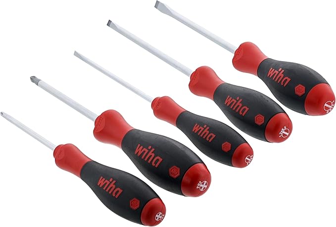 Wiha 30277 SoftFinish Screwdriver Set, 5 Piece, Slotted & Phillips, Cushion Grip Handles, Chrome Finish