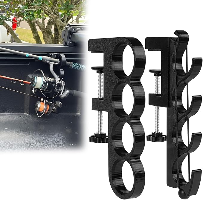 Adjustable Fishing Pole Holder for Pickup Trucks –Truck Bed Fishing Rod Holder Fits 4 Rods with Anti-Slip Bungee Secure 4 Rods While Driving