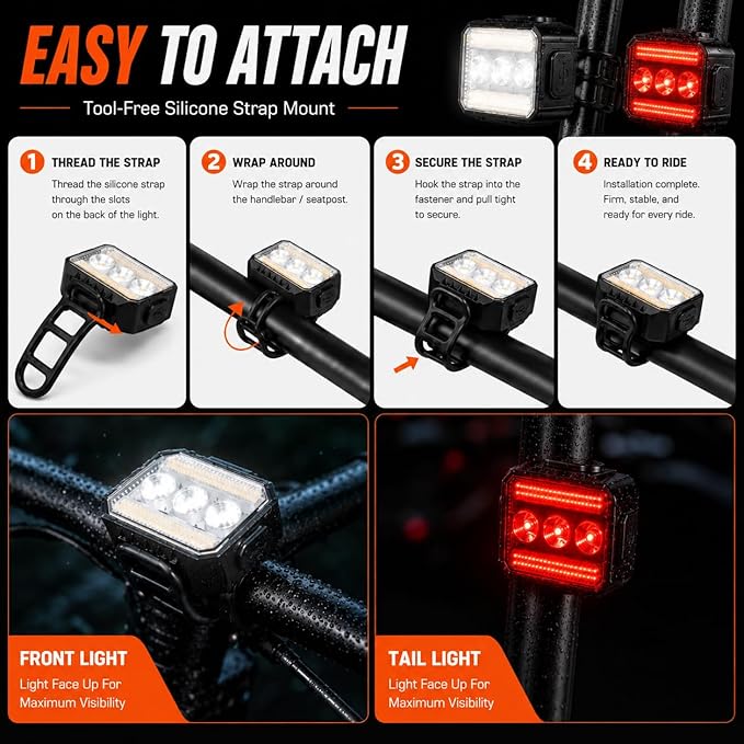 Bright Bike Lights Set for Night Riding, 9+9 Modes Rechargeable eBike Lights Front and Back, Waterproof Bicycle Lights, Bike Headlight and Tail Light Set for MTB, Off-Road & City Riding