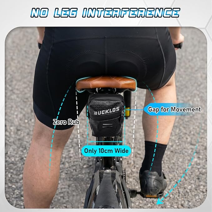 BUCKLOS Bike Saddle Bag, 0.8L Water Resistant Under Seat Bag, 3D Shell 600D Polyester Cycling Wedge Pack with Reflective Strips & Taillight Hanger for Mountain & Road Bikes, Black