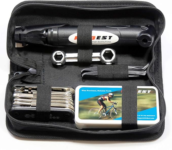 Kitbest Bike Repair Tool Kit. 100 PSI Mini Bike Pump, Tire Puncture Repair Kit, 16 in 1 Bike Multi Tool, Glueless Tire Patch Kit, Bicycle Tire Lever and Bike Bag