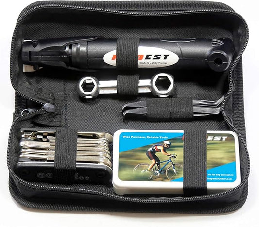 Kitbest Bike Repair Tool Kit. 100 PSI Mini Bike Pump, Tire Puncture Repair Kit, 16 in 1 Bike Multi Tool, Glueless Tire Patch Kit, Bicycle Tire Lever and Bike Bag