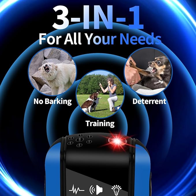 Dog Bark Deterrent Device, Anti Barking Device for Dogs 3X Ultrasonic to Correct Own or Neighbors Dog's Bad Behavior| 25ft Range, 5 Adjustable Modes Dog Training Device, Blue