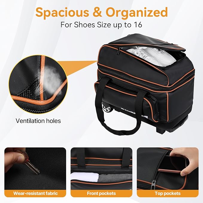 2 Ball Bowling Bag with Wheel,900D Oxford Waterproof PU,Dual Roller Bowling Bag with Sturdy Frame,Large Shoe Compartment Fits Up to Men’s 16,Rolling Bowling Tote, Handle Extends to 39.5"