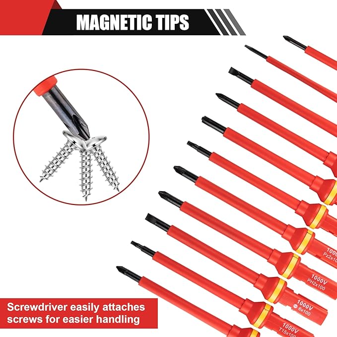 13PCS 1000V Insulated Screwdriver Set, S2 Steel, Magnetic Tips, PP + TPR Grip, GPSR Certified for Electrician Tools & Industrial Use