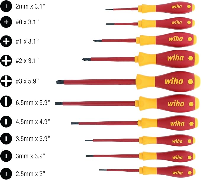 Wiha 32093 Slotted and Phillips Insulated Screwdriver Set, 1000V, 10-Piece, Slotted 2.0–6.5mm, Phillips #0–#3