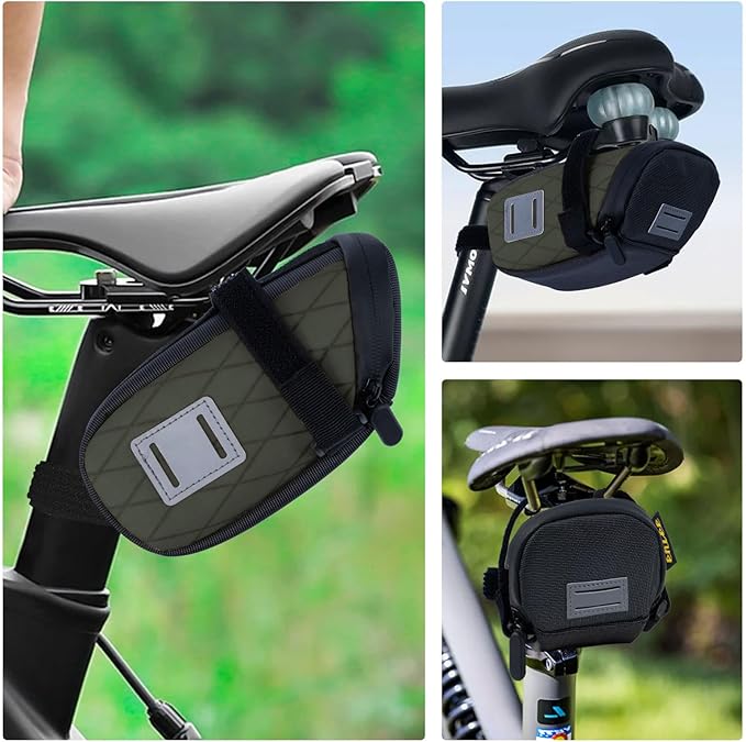 ENLEE Road Bike Saddle Bag, Waterproof Bike Seat Bag with Independent Small Item Partitions, Green Wedge Reflective Bicycle Storage Pouch Under Seat for Mountain/Road/Gravel Bikes, Small Size