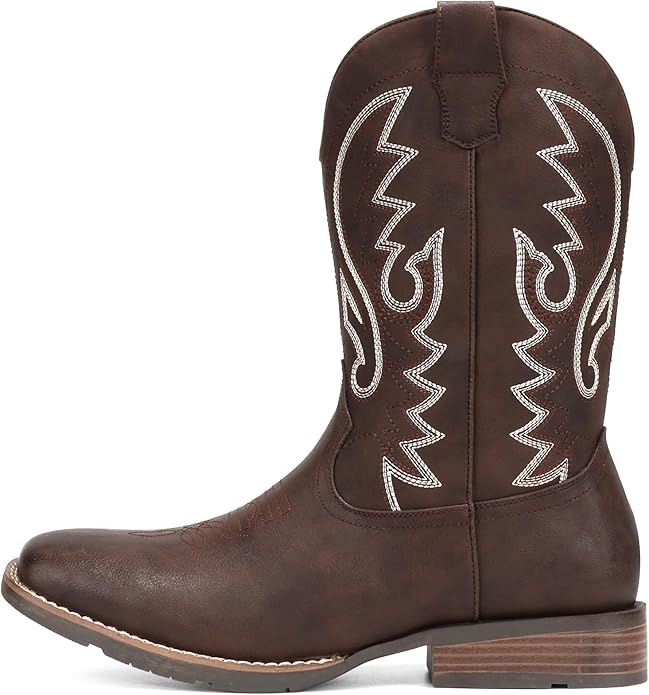 IUV Cowboy Boots For Men with Wide Square Toe Western Retro Boot Durable Classic Fashionable Embroidered Pull On Slip Resistant Boots