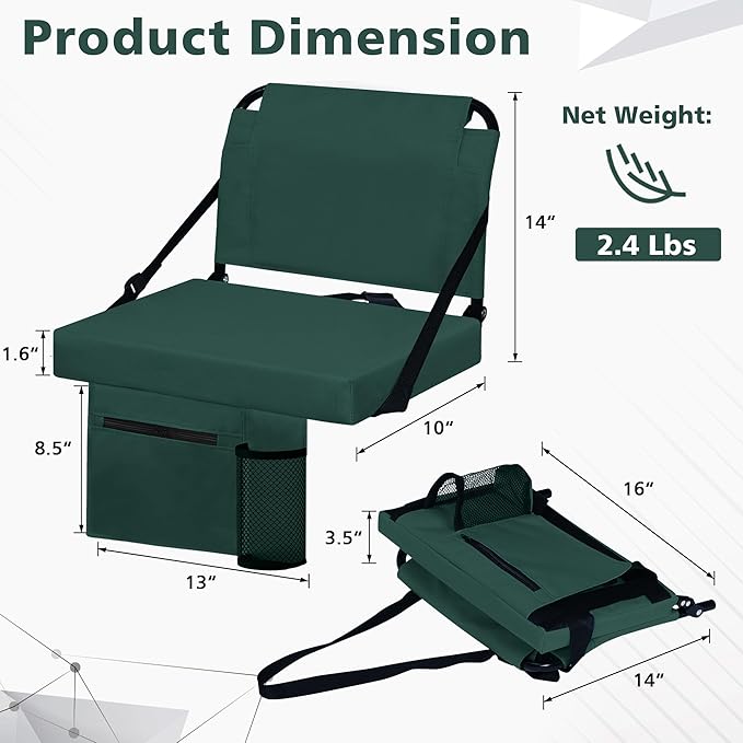 Stadium Seats for Bleachers with Back Support Bleacher Seat Soft Cushion Light Weight Includes Shoulder Strap & Cup Holder, Front & Back Zipper Pocket, Suitable for Sports Events,Green