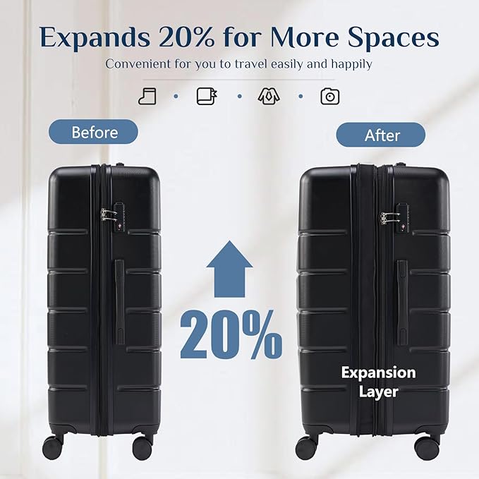 OLIXIS 24 Inch Luggage, Hardside Suitcase with Spinner Wheels, Lightweight ABS Hard Shell Checked Luggage, TSA Approved Lock, Expandable Medium Suitcase for Travel & Business–Black