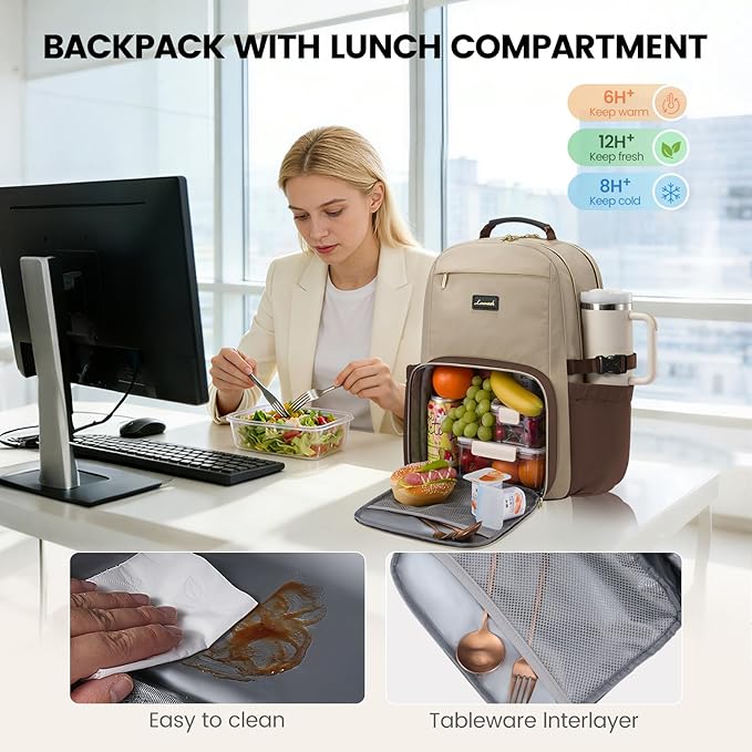 LOVEVOOK Lunch Backpack with Lunch Compartment,17 Inch Laptop Work Travel Insulated Cooler Backpack, Waterproof College Teacher Lunch Bag Box with Tumbler Holder,Gifts for Men Women,Khaki-Coffee-Black