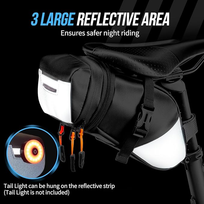 WOTOW Bike Saddle Bag - Waterproof Bike Seat Bag Expandable to 2L - Reflective Bicycle Under Seat Storage Pouch for Road Mountain Bike Cycling Travel