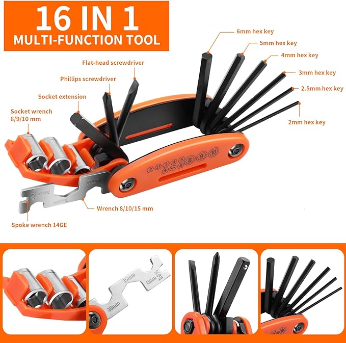 Bike Repair Kit - 16-in-1 Bike Multitool, Portable Bicycle Tools with Tire Patch Kit for Mountain Road Bikes Camping Travel (US)