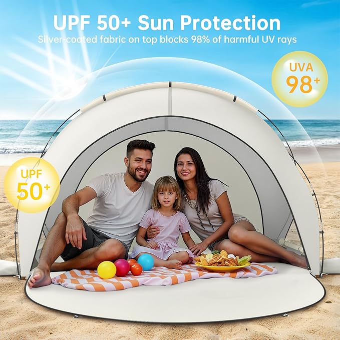Beach Tent Sun Shelter, Beach Shade Tent with UPF50+ UV Protection, Sun Shelter for 1-3 Person, Beaches Shade with 2 Zippered Doors, Portable Tents for Camping Fishing, Beige