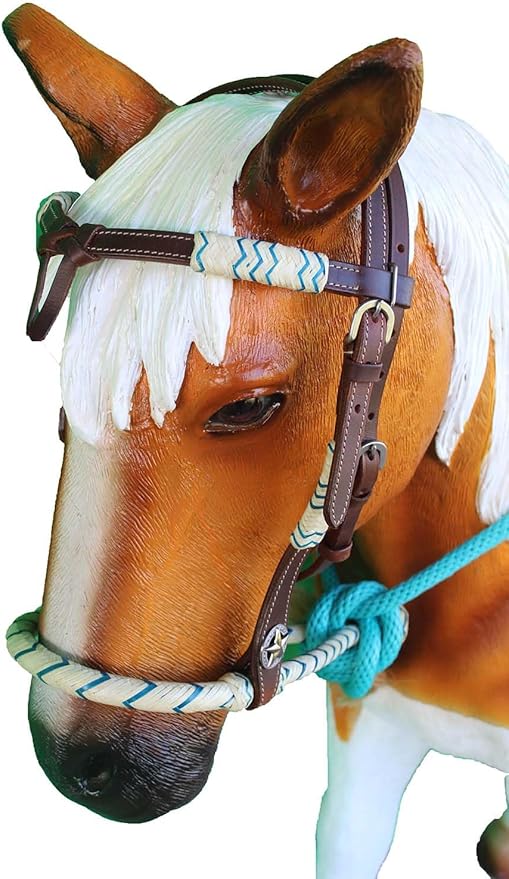 CHALLENGER Horse Western Knotted Bosal Rawhide Hanger Headstall w/Turquoise Braided Reins 78J04TR