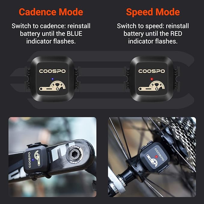 COOSPO Cadence & Speed Sensor for Cycling, Wireless Bluetooth & ANT+ Bike RPM Sensor for Cycling Computers, Compatible with IP67 / Rouvy / Zwift / Peloton / Wahoo / CooSporide