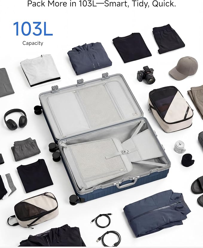 LUGGEX Checked Suitcase with Spinner Wheels, 8010S Aluminum Frame Zipperless Polycarbonate Hard Shell Suitcase (ZX-Core, Blue, 28 Inch)