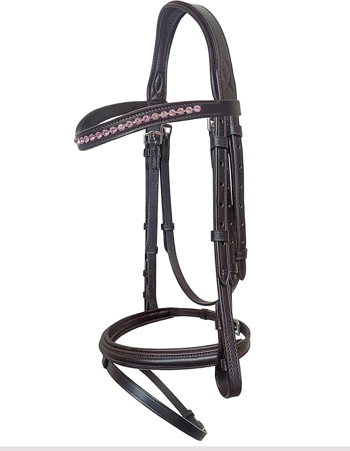 Equine Care Leather English Horse Bridle with Reins, Full Size, Choice of Browband Style, Padded Crown & Cavesson Noseband, Stainless Steel Hardware, Hunter Show Bridle.