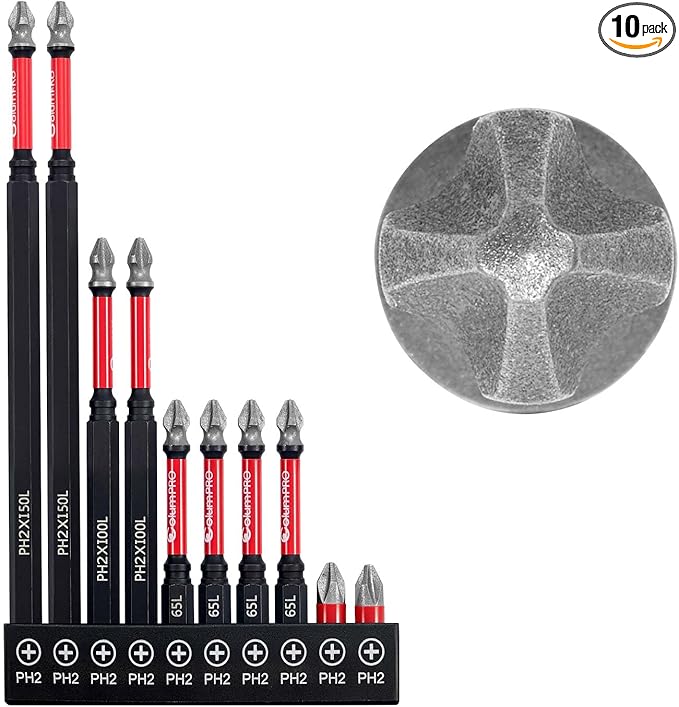 Diamond Grit PH2 Screwdriver Bit Set, 10PCS Magnetic Drill Bits for Stainless Steel Screws, Anti-Slip, HRC65 Hardened S2 Steel, CNC Precision, 25/65/100/150mm Lengths
