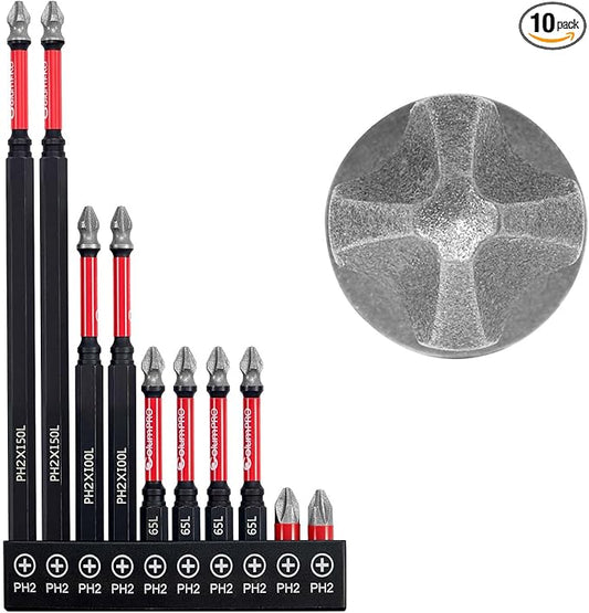 Diamond Grit PH2 Screwdriver Bit Set, 10PCS Magnetic Drill Bits for Stainless Steel Screws, Anti-Slip, HRC65 Hardened S2 Steel, CNC Precision, 25/65/100/150mm Lengths