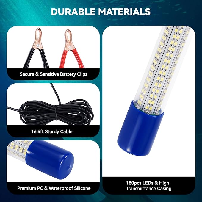 18W水中集魚灯、IP68防水 DC 12-24V LED水中集魚灯 魚誘引ルアー灯 クラッピー・エビ・イカ・ナマズ用 バッテリークランプ付き 16.4ftケーブル 緑/青/白色光