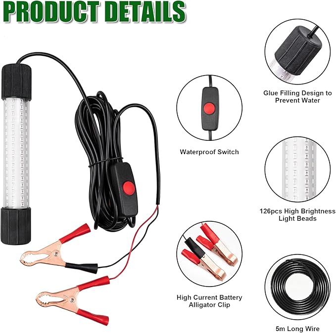 ReeMoo 12V 126 LEDs 13W Fishing Light Underwater Night Fishing Lure Finder Light Green Submersible Fishing Lights with 5M Power Cord for Pool Boat Sea Ice Fishing Attractants More Fish