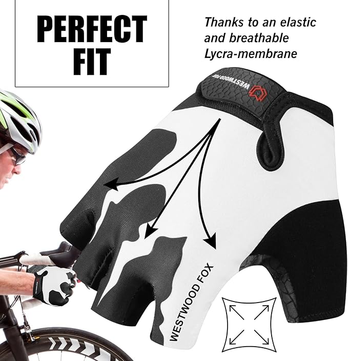 WESTWOOD FOX Cycling Gloves Half Finger Unisex Padded Grips Palm Bicycle Summer MTB Bike Gloves for Men Women Non-Slip Fingerless Short Mountain Bike Sports Hiking Climbing Gym