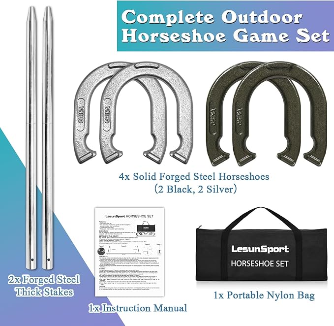 Heavy-Duty Horseshoe Outside Game Set with 4 Forged Steel Horseshoes，2 Steel Stakes and 1 Carrying Bag,Regulation Size Horseshoes Game Set for Outdoor Lawn, Beach, Backyard