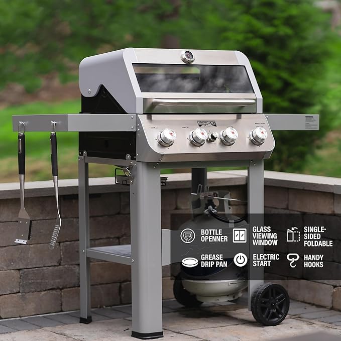 Monument Grills 4バーナー 液化石油ガスグリル シルバー ステンレス鋼製グリル パティオガーデンバーベキューグリル Clearview®蓋付き 折りたたみ式サイドシェルフ1つ付き Mesa400MF バーベキューカバー付き