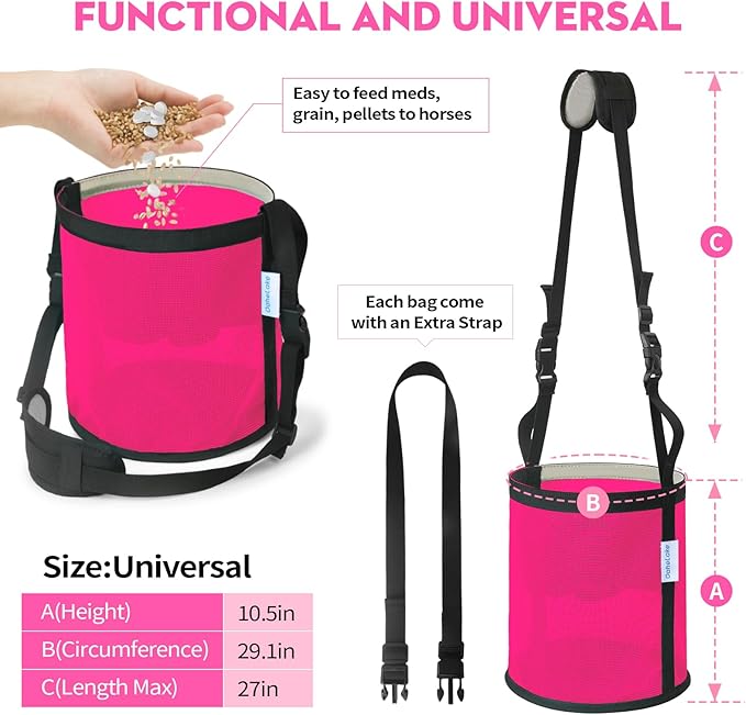 Horse Feed Bag 2 PCs, Breathable Mesh Feed Bags for Horses, Muzzle Feedbag for Feeding Grain, Anti-Spill Design Feeder, Soft Neck Pad Nose Pad, Universal Fit (2-Magenta)